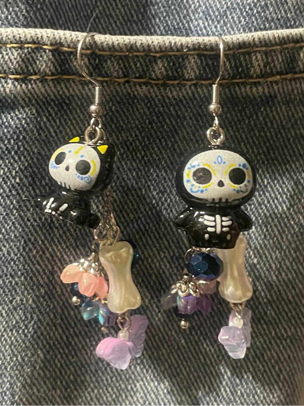 Hand Crafted Black Skeleton Cat Dangle Earrings with Pastel Charms